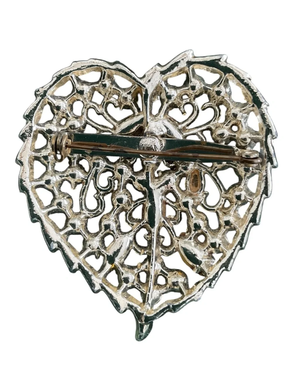 CORODESIGNS Heart Domed Broach Aurora Borealis Rhinestones Silver Tone